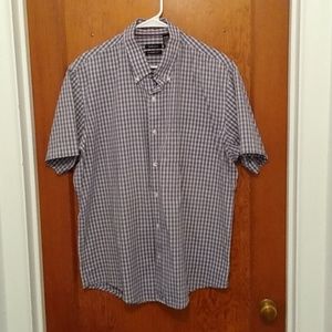 Men's van Heusen Classic Fit Purple Tan Plaid Short Sleeve Shirt Size XL